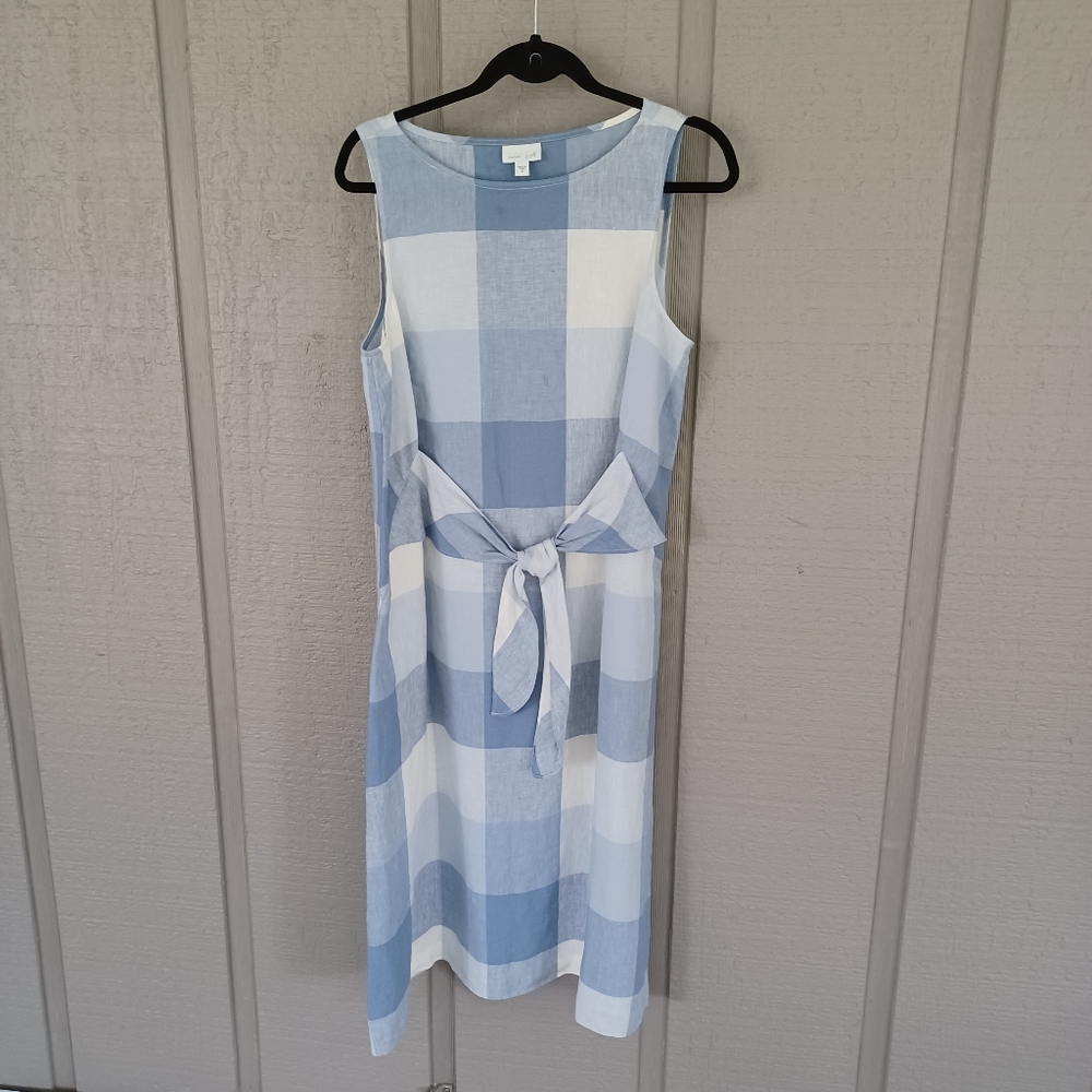 J JILL Linen Tie Waist Checked Gingham Dress Size M Women Preppy Sleeveless